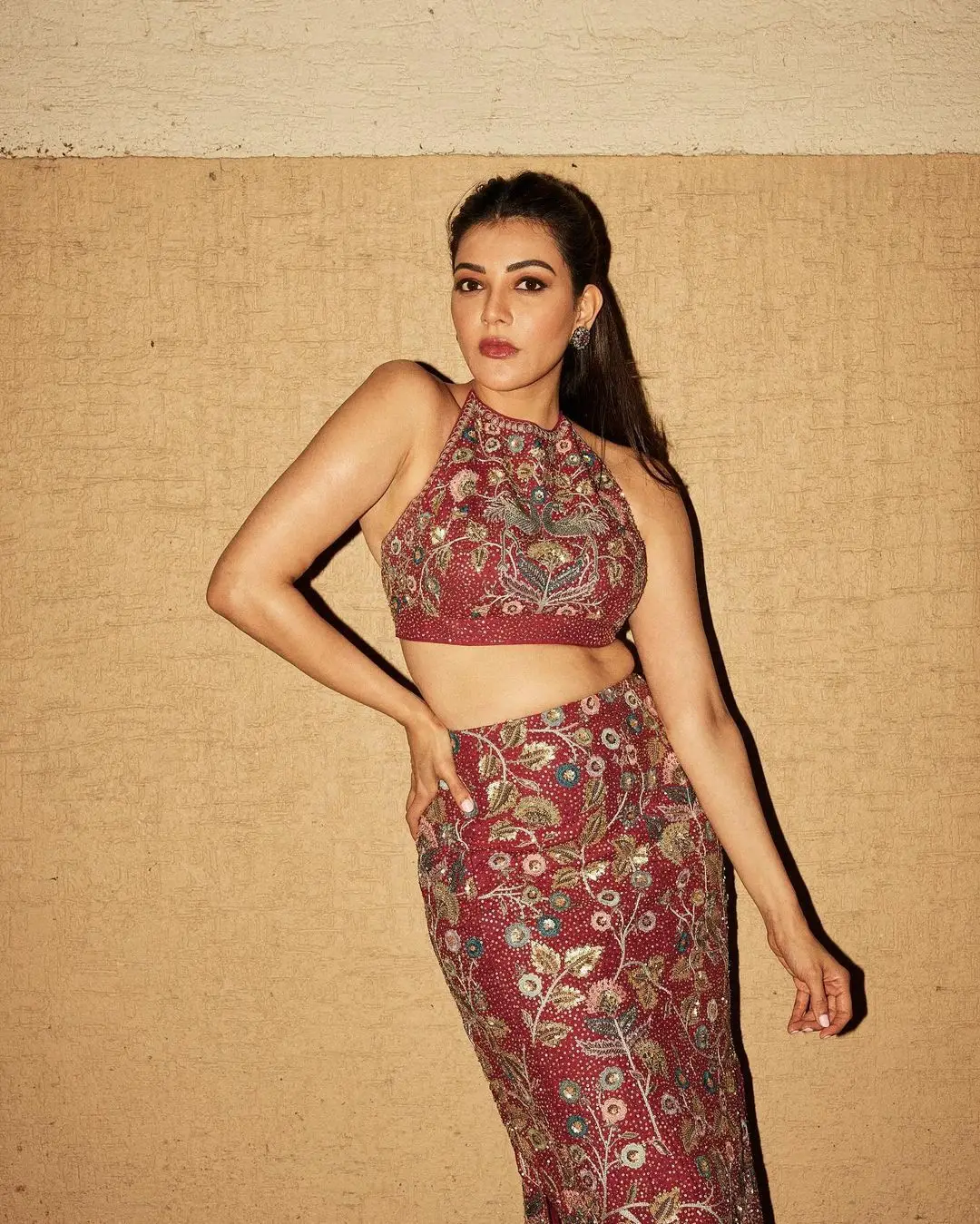 Kajal Aggarwal Stills In Beautiful Maroon Lehenga Choli